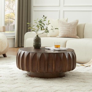 31.5" Round Carved Wood Coffee Table with Ash Veneer Top, Sculptural Walnut Centerpiece for Living Room -3irtyhousy - 1 of 4