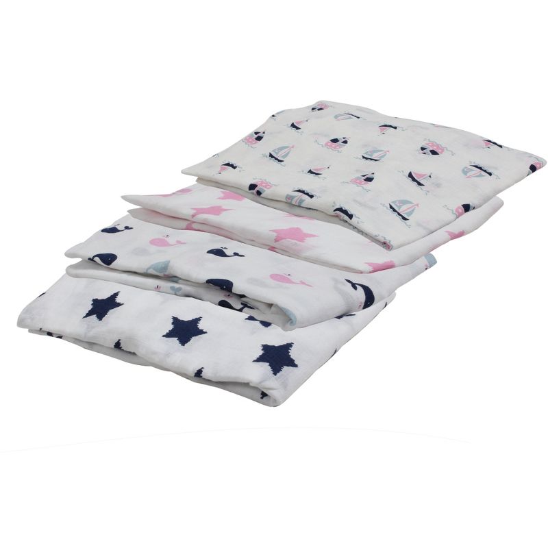 Bacati - Little Sailor Blue/Navy/Pink Girls Muslin Swaddling Blankets set of 4, 4 of 6