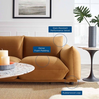 Cognac Plush Performance Velvet 100" Sofa on Solid Wood Legs
