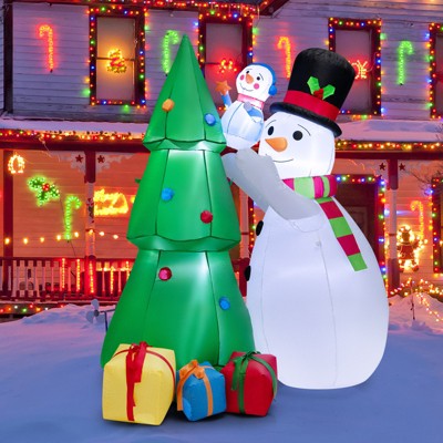 Tangkula 6 FT Christmas Inflatable Snowman Indoor Outdoor Lighted Decoration w/ Small Snowman Present Box, Blow up Holiday Snowman w/ Christmas Tree