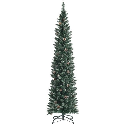 Green Artificial Pencil Christmas Tree with PVC Branches, Realistic Pine Cones, Foldable Metal Stand, Slim Space-Saving Design for Holiday Décor