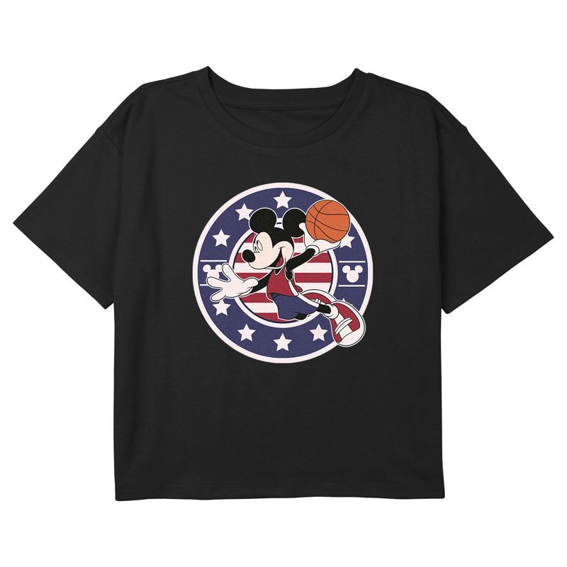 Girl's Mickey & Friends Americana Basketball Dunk Crop T-Shirt, 1 of 4