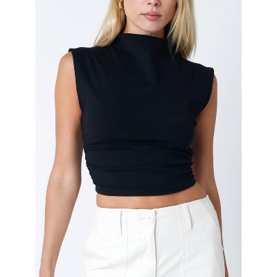 Women's High Neck Cap Sleeve Top - OLIVACEOUS