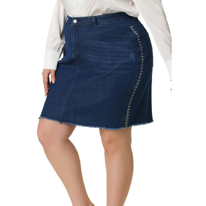 Agnes Orinda Women's Plus Size Denim Embroidered Distressed Ripped Pencil Skirts, 2 of 6