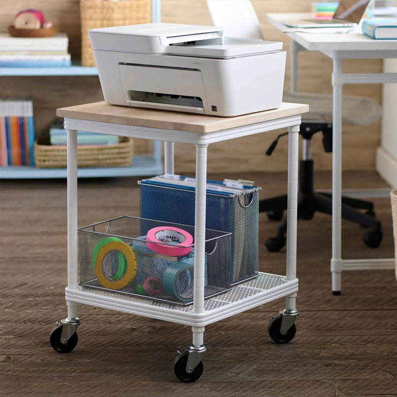 Design Ideas MeshWorks 2 Tier Wheeled Metal Storage Printer Cart Shelving Unit Rack for Kitchen or Office Organization, 17.7" x 17.7" x 23.6", White, 4 of 7