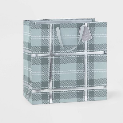 Large Square Plaid Gift Bag Green - Wondershop™
