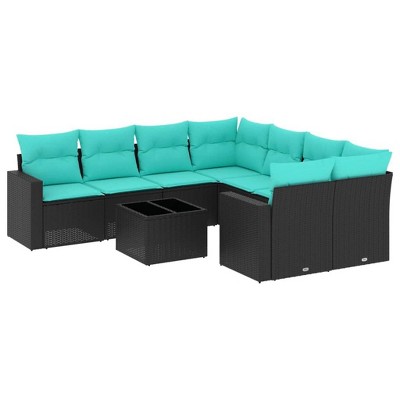 vidaXL 9 Piece Patio Sofa Set with Cushions Black Poly Rattan - Black and Blue
