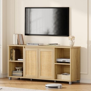 71" TV Stand, Boho TV Table with Rattan Doors, Television Media Console with Open Shelves, Mid-Century Entertainment Center, 15" D x 30" H - 1 of 4