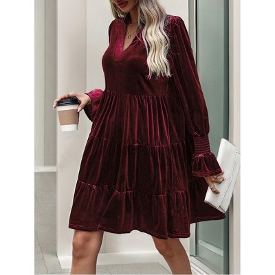 Women’s Elegant Velvet Long Sleeve Dress Casual Fall V Neck A Line Babydoll Flowy Formal Wedding Party Mini Dress