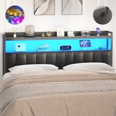 Besiost Upholstered Headboard with LED Light, Height Adjustable Headboards with Storage and Outlets