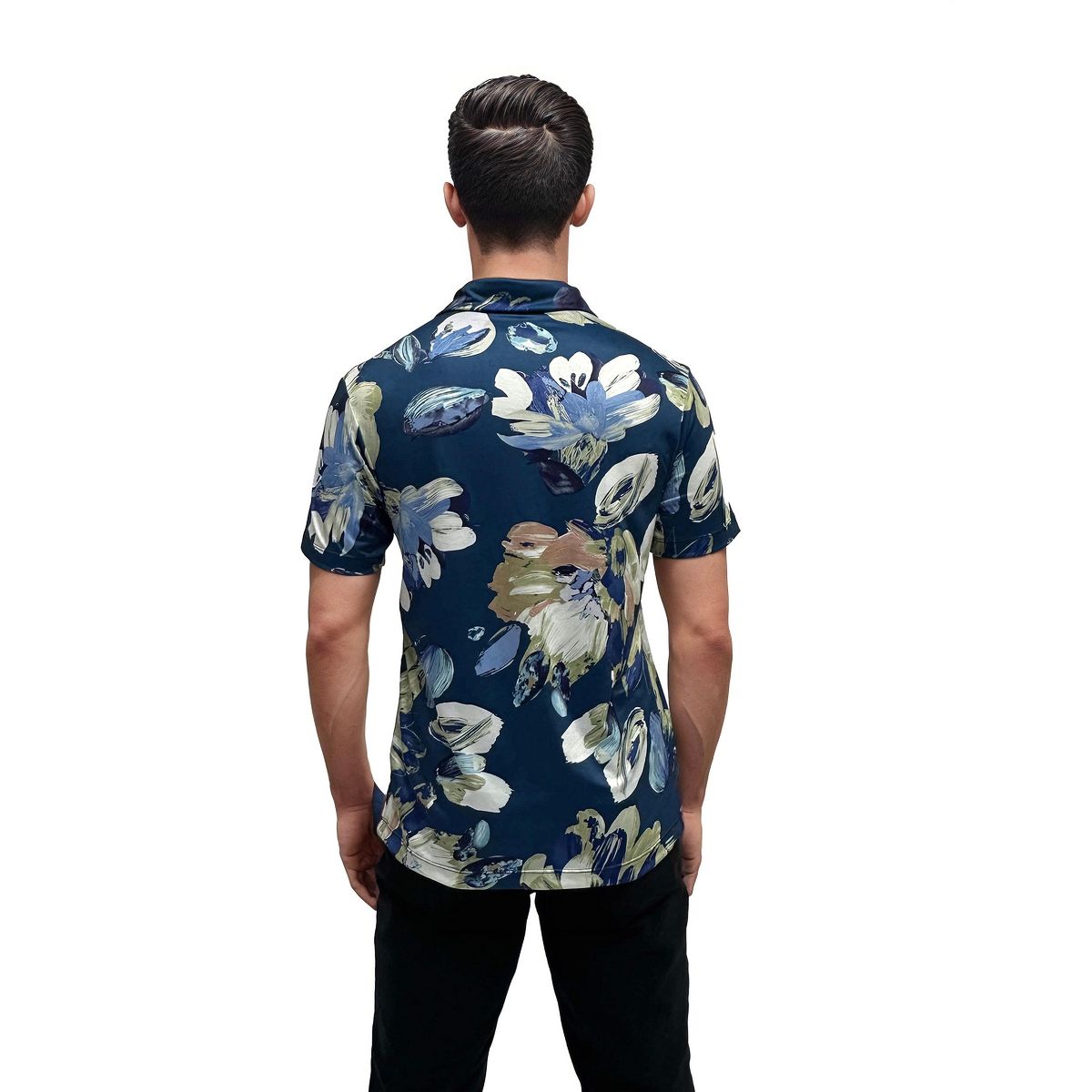 24seven men Wrinkle Resistant 3 Button Machine Washable Blue Floral Polo Shirt - thumbnail 3
