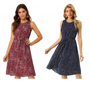Allegra K Women's Printed Split Neck Drawstring Waist Sleeveless A-Line Floral Midi Dress 2 Packs - 1 of 4