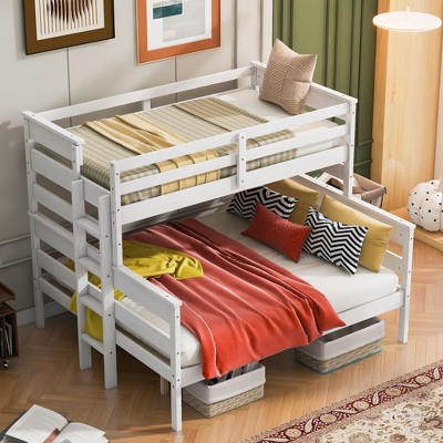 CAVINAS Twin XL over Queen Bunk Bed Convertible Wood Bed Frame with Guardrail and Ladder for Bedroom
