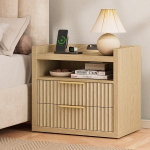Furnulem Fluted Night Stand with Charging Station 2 Drawer Light Wood nightstand Bedside Table Night Stand for Bedroom End Table for Living Room - 1 of 4