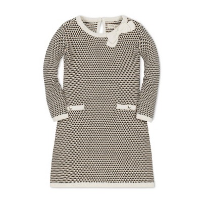 Hope & Henry Girls' Organic Long Sleeve Bow Detail Tweed Sweater Dress, Black and Cream Tweed, 6-12 Months