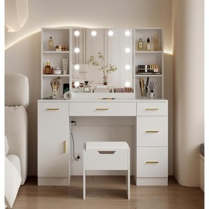 Vanity Desk with Led Lighted Mirror,Makeup Vanity with 10 Led Lights & 5 Metal Sliding Drawers, 3 Color Brightness Adjustable - 1 of 4