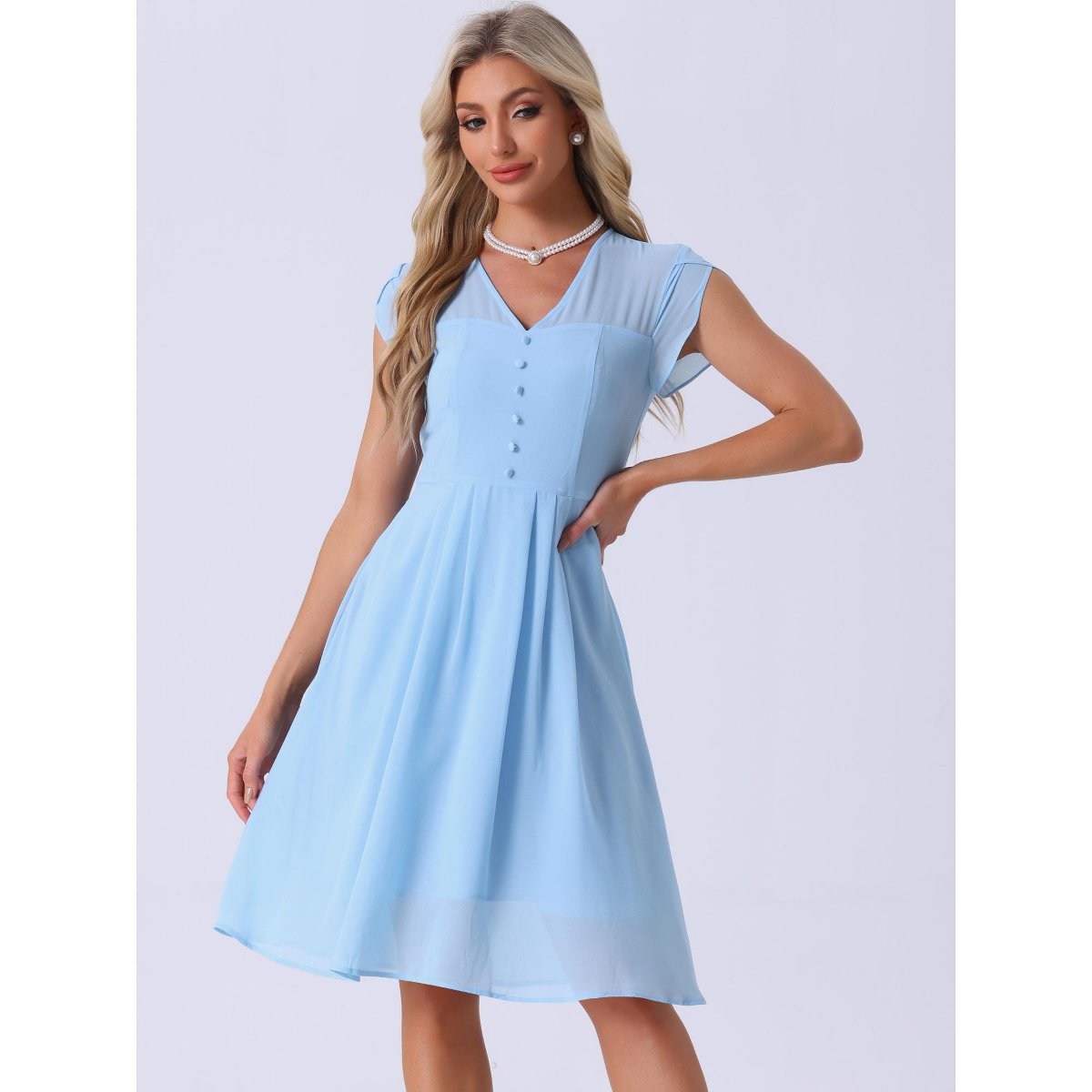 Женские платья INSPIRE CHIC Women's Vintage V Neck Cap Sleeve Elegant Chiffon A-Line Dresses Light Blue X-Large — фото 4