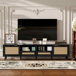 MAYEERTY Rattan TV Stand for TVs up to 85", Modern Framhouse Media Console, Entertainment with SOlid Wood Legs for living Room - 1 of 4