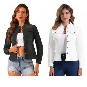 INSPIRE CHIC Women's Button Front Stand Collar Long Sleeve Jean Jackets with Pockets 2 Packs - 1 of 4