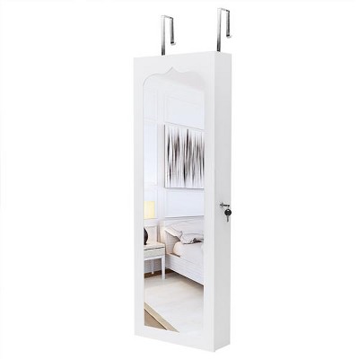 Wall-Mounted Wooden Jewelry Organizer Cabinet With LED Lighting And Multiple Storage Compartments