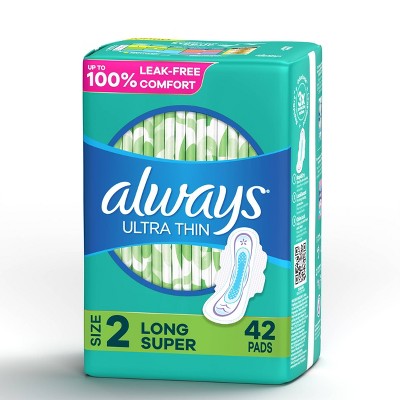 Always Long Absorbency Unscented Ultra Thin Pads with Wings - Size 2 - 42ct