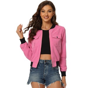 INSPIRE CHIC Women's Stand Collar Zip Up Flap Pocket Bomber Jacket - 1 of 4