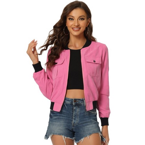 Inspire Chic Women s Stand Collar Zip Up Flap Pocket Bomber Jacket Hot Pink X small Target