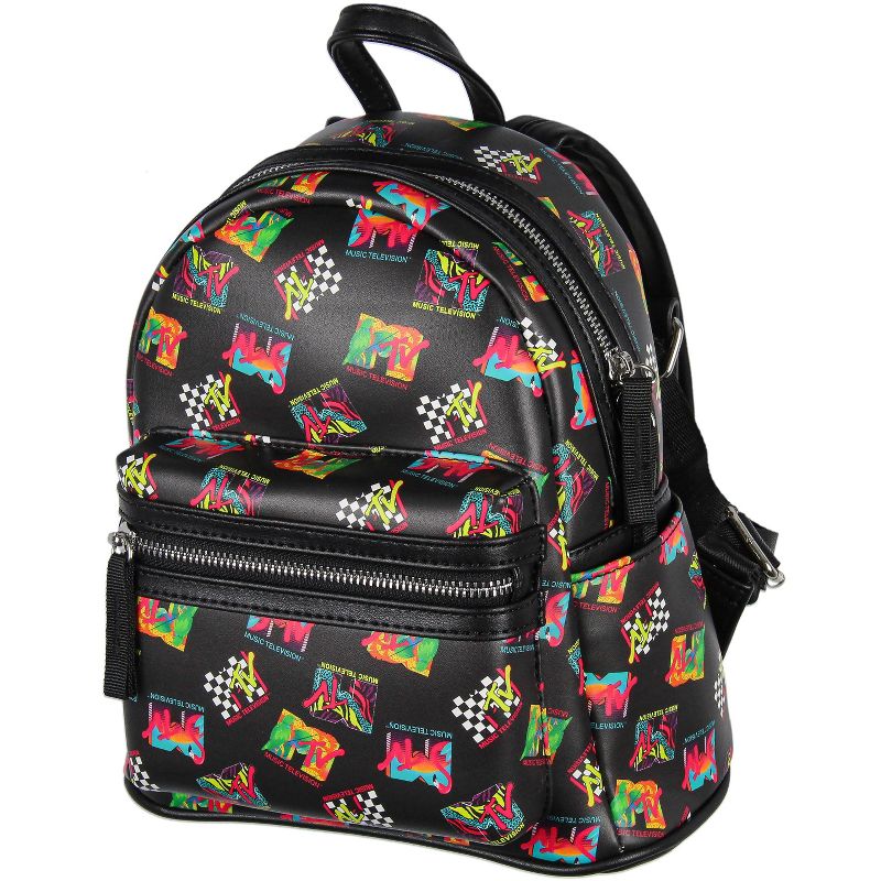 MTV Music Television '80s Logo Tossed Print Zippered Mini Small Backpack Bag Black, 1 of 8
