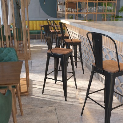 Rustic Bistro-Style Black Metal and Brown Wood Barstool