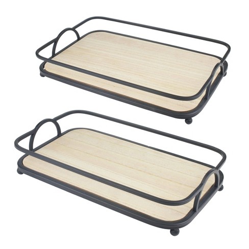 2pc Modern Rectangle Wood And Metal Serving Tray Set Brown - Stonebriar  Collection : Target