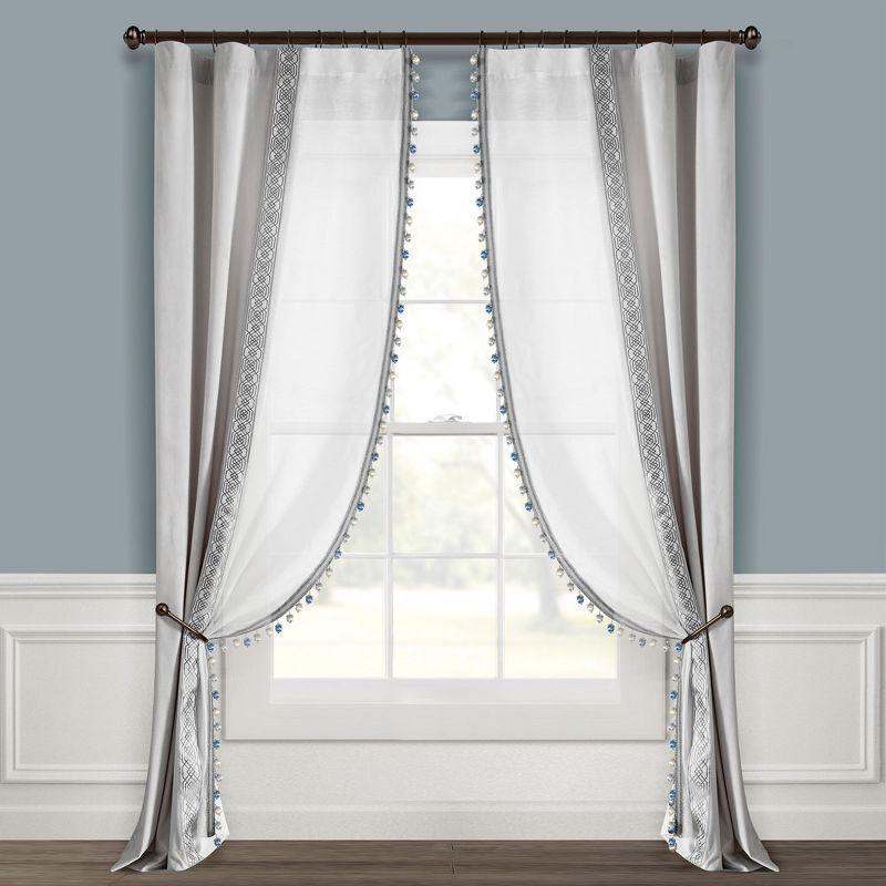 Luxury Vintage Velvet And Sheer With Border Pompom Trim Window Curtain Panel Light Gray Single 42X84, 2 of 7