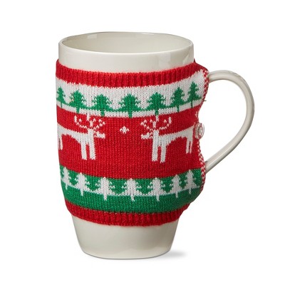 tagltd Deer Knit Sweater Stoneware Dishwasher Safe Coffee Hot Coco Tea White Mug, 16 oz.