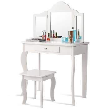 Tangkula Wooden Vanity Table with Triple Folding Mirror & Stool for Kids