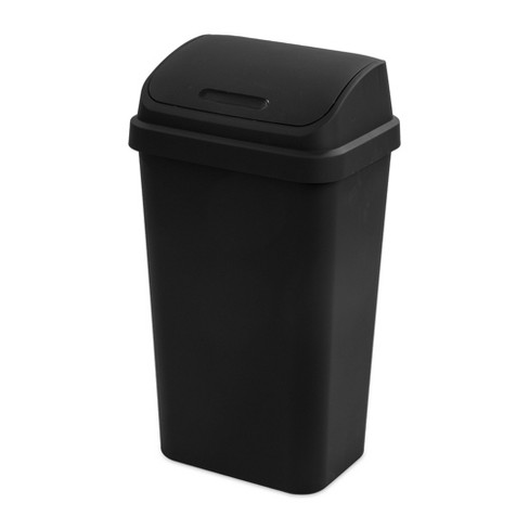 Sterilite 13 Gallon Plastic Swing Top Spave Saving Flat Side Lidded  Wastebasket Trash Can for Kitchen, Garage, or Workspace, Black (16 Pack)