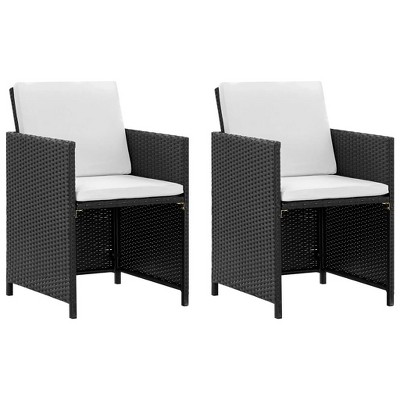 vidaXL 5-Piece Outdoor Poly Rattan Dining Set - Black Patio Furniture with Cushions and Glass Tabletop - Includes 2 Chairs and 2 Stools
