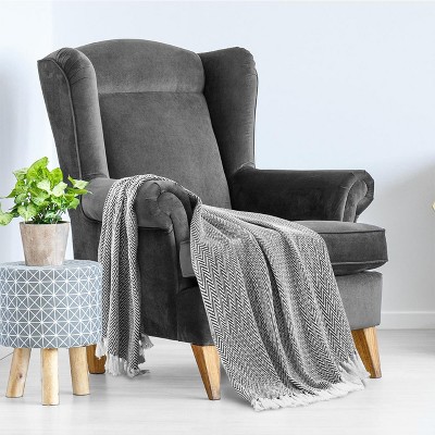 Black and White Herringbone Cotton Throw Blanket with Fringe