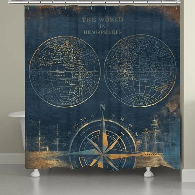 Laural Home Golden Compass BLue World Map Shower Curtain