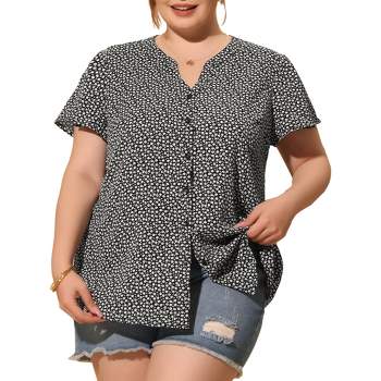 Agnes Orinda Women's Plus Size Floral Flare Short Sleeve Chiffon Button Down Shirts
