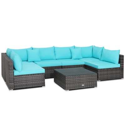 Turquoise Cushioned 6-Person Outdoor Rattan Sectional Sofa Set