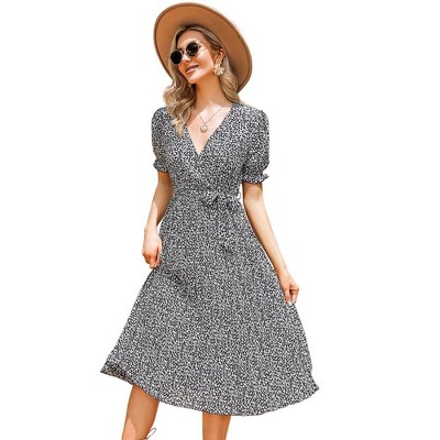 WhizMax Women's Dress Floral Wrap V Neck Pleated Dress Short Puff Sleeve Flowy A Line Midi Dress with Belted