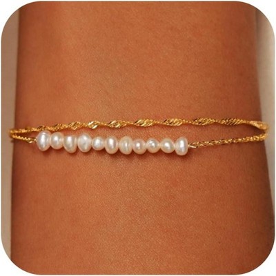 Gold Bracelets for Women Trendy, 14K Real Gold Plated Dainty Stackable Pearl Snake Chain CZ Heart Pendant Bracelets Adjustable 6"+2"