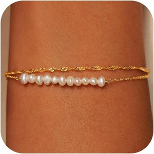 Gold Bracelets for Women Trendy, 14K Real Gold Plated Dainty Stackable Pearl Snake Chain CZ Heart Pendant Bracelets Adjustable 6"+2" - 1 of 4