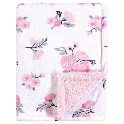 Hudson Baby Infant Girl Plush Blanket with Sherpa Back, Pink Floral, One Size