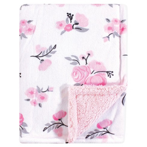 Hudson Baby Infant Girl Plush Blanket with Faux Shearling Back Pink Floral One Size