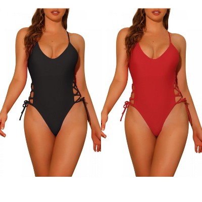 Elerevyo Women's Lace Up Criss Cross Plunge Monokini Side Tie Strappy Swimwear Bathing Suits 2 Sets