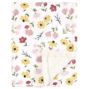 Hudson Baby Infant Girl Plush Blanket with Furry Binding and Back, Soft Painted Floral, One Size - 1 of 2