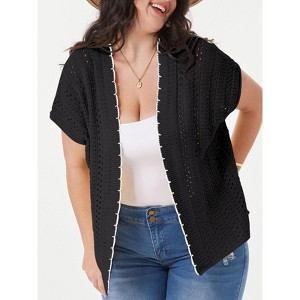 Plus Size Women's Color Block Open Knit Cardigan V Back Short Sleeve Cover Up Tops - 1 of 3