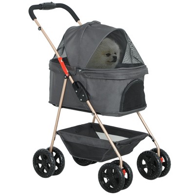 PawHut 3 in 1 Pet Stroller with Detachable Carrier,  4 Wheels Dog Stroller with Storage Basket, Cupholder, Washable Pads, for Mini Dogs and Cats, Gray