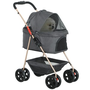 PawHut 3 in 1 Pet Stroller with Detachable Carrier,  4 Wheels Dog Stroller with Storage Basket, Cupholder, Washable Pads, for Mini Dogs and Cats, Gray - 1 of 4