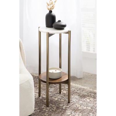 Walnut Brown and White Marble Round Accent Table